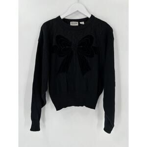 Crystal Vintage Sweater Womens Medium Black Bow Embroidered Front Lace Beaded